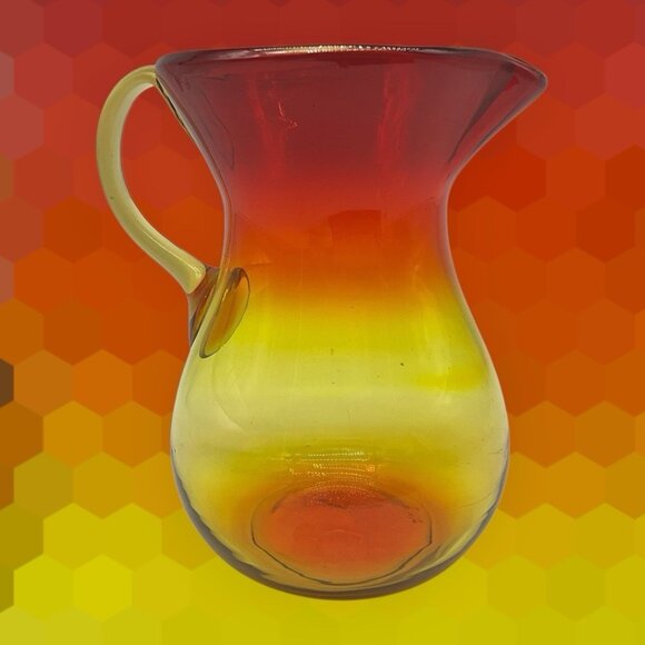Amberina Hand Blown Art Glass 7 Inch Pitcher with Applied Handle Serve Ware - Picture 5 of 16